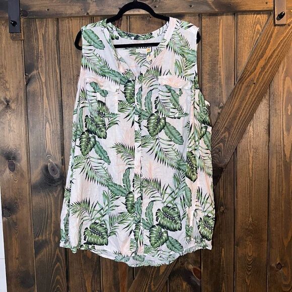 C&C California Tropical Botanical Print 100% Linen Top - Picture 1 of 3